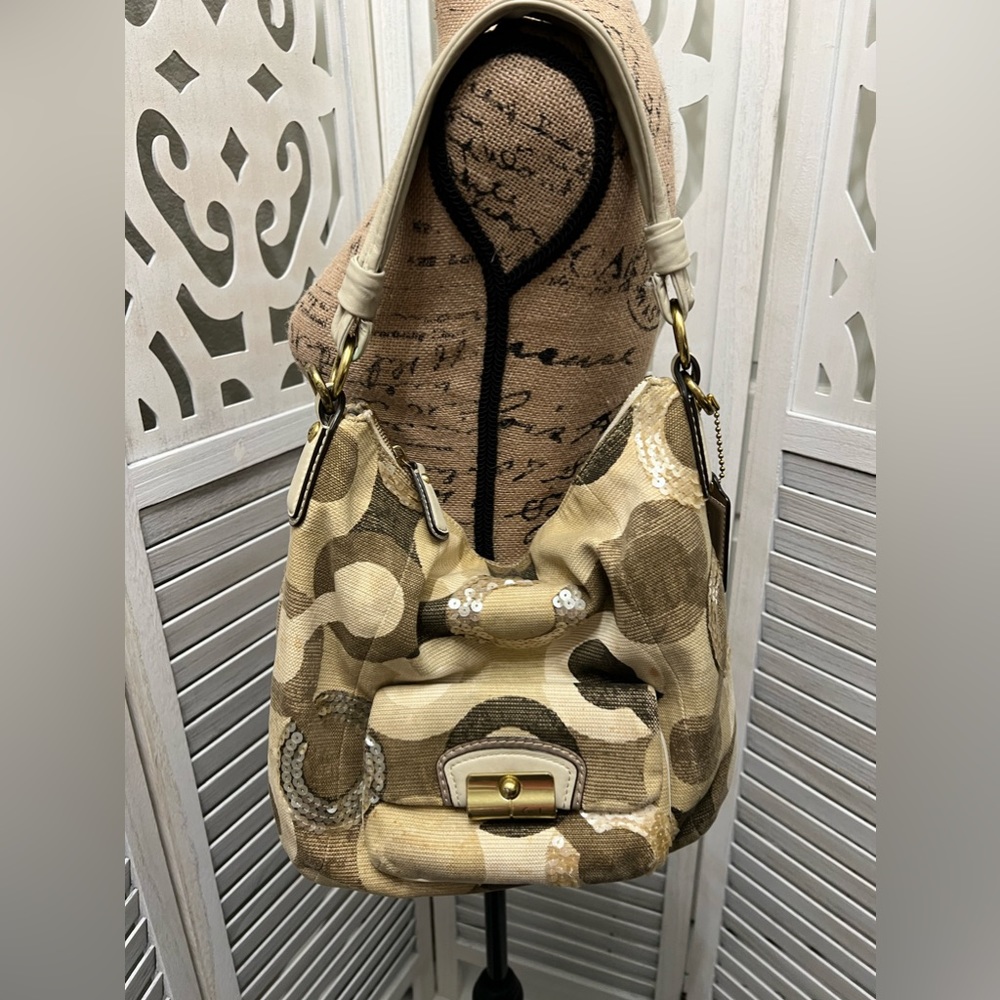 Coach Beige/Gold OP Art Sequins, Canvas and Leather Kristin Hobo - Authentic